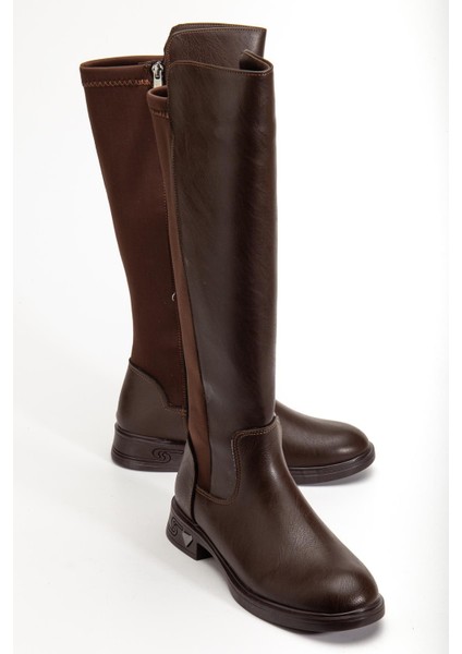 Kahverengi Kadın Çizme Düz Taban Streç Fermuarlı