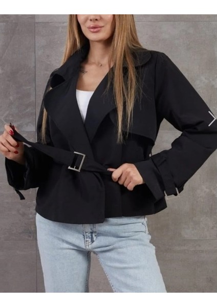 Kruvaze Yaka Tokalı Kısa Sütlü Kahve Trençkot