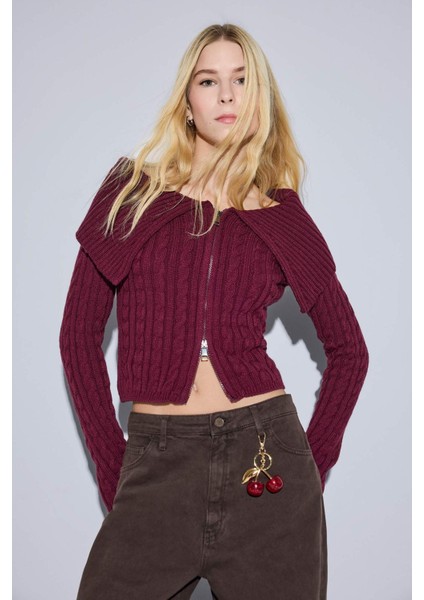 Regular Fit Açık Omuz Fermuarlı Triko Hırka