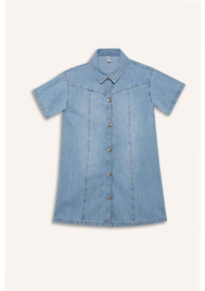 Kız Çocuk Gömlek Yaka Kısa Kollu Pamuklu Yazlık Jean Elbise fırsatları
