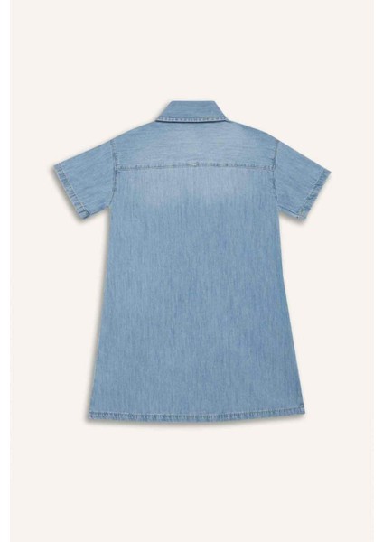Kız Çocuk Gömlek Yaka Kısa Kollu Pamuklu Yazlık Jean Elbise