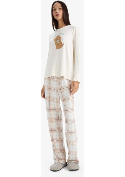 Pijama Takımı Regular Fit Baskılı Uzun Kollu Üst Kareli Uzun Alt-Fall in Love G1353AX25AU fiyatları