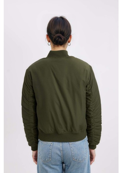 Su Geçirmez Kolej Yaka Düz Fermuarlı Cepli Bomber Ceket Mont C1616AX24AU