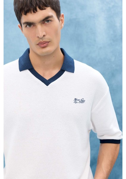 Boxy Fit Rahat Kesim Polo Yaka Kontrast Renkli Dokulu Kısa Kollu Tişört