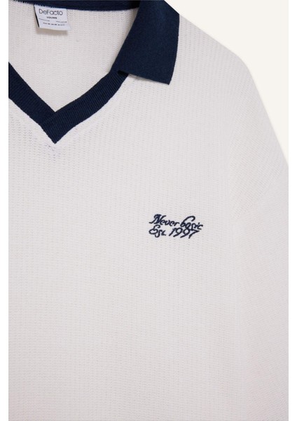 Boxy Fit Rahat Kesim Polo Yaka Kontrast Renkli Dokulu Kısa Kollu Tişört indirimleri