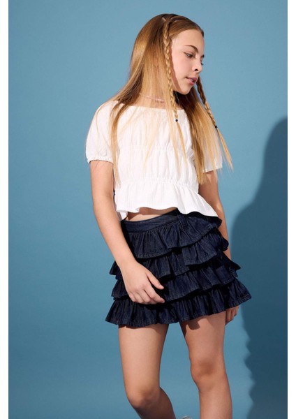 Kız Çocuk Beli Lastikli Katlı Jean Etek F8732A825SM