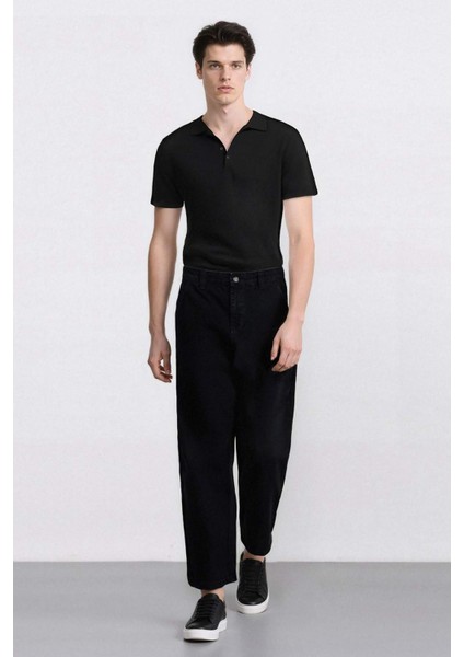 %100 Pamuk Skater Fit Geniş Kalıp Yüksek Bel Geniş Paça Siyah Jean Pantolon F3926AX25SM