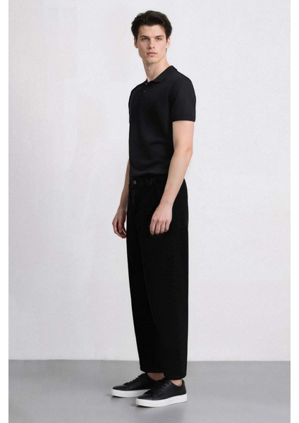 %100 Pamuk Skater Fit Geniş Kalıp Yüksek Bel Geniş Paça Siyah Jean Pantolon F3926AX25SM fiyatları