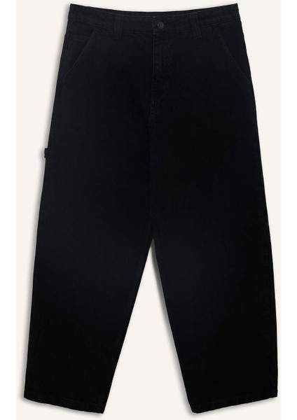 %100 Pamuk Skater Fit Geniş Kalıp Yüksek Bel Geniş Paça Siyah Jean Pantolon F3926AX25SM fırsatları