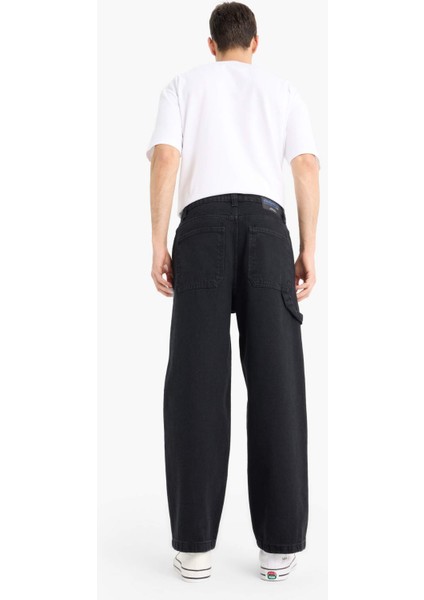 %100 Pamuk Skater Fit Geniş Kalıp Yüksek Bel Geniş Paça Siyah Jean Pantolon F3926AX25SM