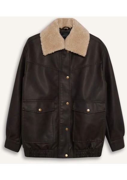 Çıkarılabilir Suni Kürk Yaka Dad Fit Polo Yaka Tafta Suni Deri Mont E8540AX25AU fiyatları