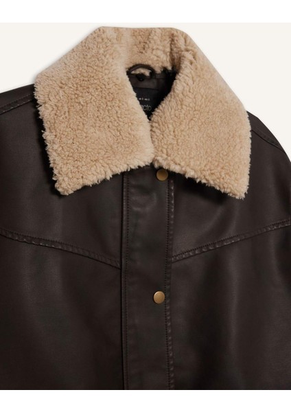 Çıkarılabilir Suni Kürk Yaka Dad Fit Polo Yaka Tafta Suni Deri Mont E8540AX25AU modelleri