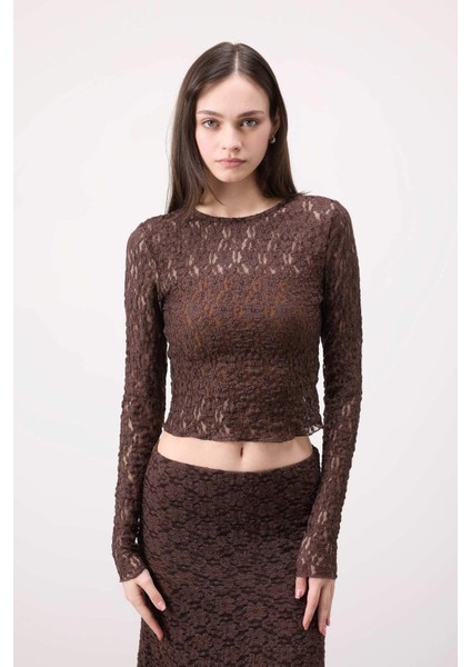 Fitted Dar Kesim Bisiklet Yaka Dantel Uzun Kollu Bluz E4930AX25SP modelleri