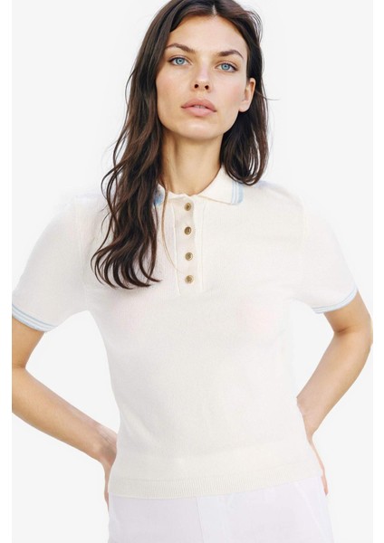 Slim Fit Dar Kesim Polo Yaka Basic Düz Triko Kısa Kollu Kazak E5038AX25SP