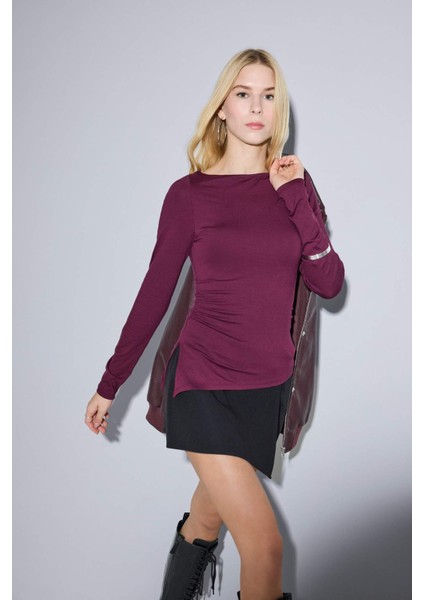 Coool Slim Fit Dar Kesim Kayık Yaka Tül Uzun Kollu Tişört