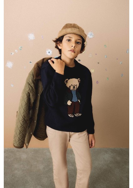 Erkek Çocuk Bisiklet Yaka Ayıcık Baskılı Triko Kazak G3077A825WN