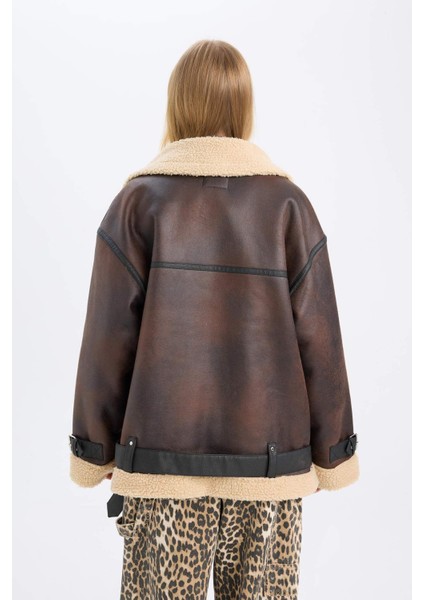 Relax Fit Pelüş Astarlı Mont Kruvaze Yaka Fermuarlı Kemerli C9465AX24WN