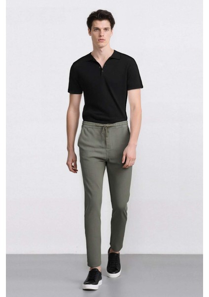 %100 Pamuk Keten Görünümlü Pantolon Beli Lastikli Slim Fit Dar Kesim Cepli Düz Paça