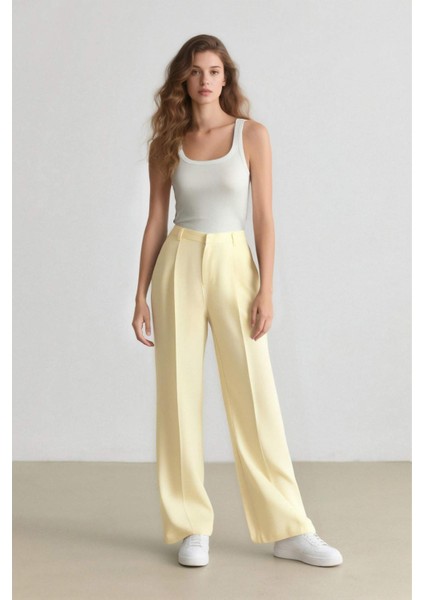 Straight Fit Keten Kumaş Palazzo Pantolon Yüksek Bel Uzun Boy F0112AX25SM