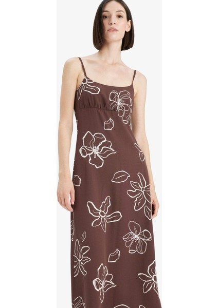 Desenli Keten Karışımlı Çiçekli Askılı Midi Elbise F4098AX25SM indirimleri