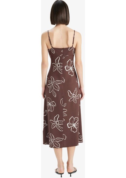 Desenli Keten Karışımlı Çiçekli Askılı Midi Elbise F4098AX25SM