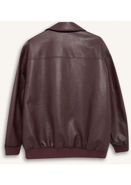 Dad Fit Polo Yaka Fermuarlı Suni Deri Mont F4757AX25WN fırsatları