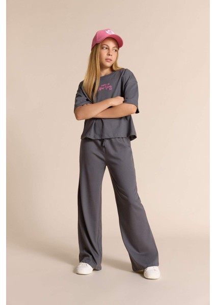 Kız Çocuk 2'li Takım Kısa Kollu Baskılı Tişört Beli Lastikli Uzun Alt F5035A825AU