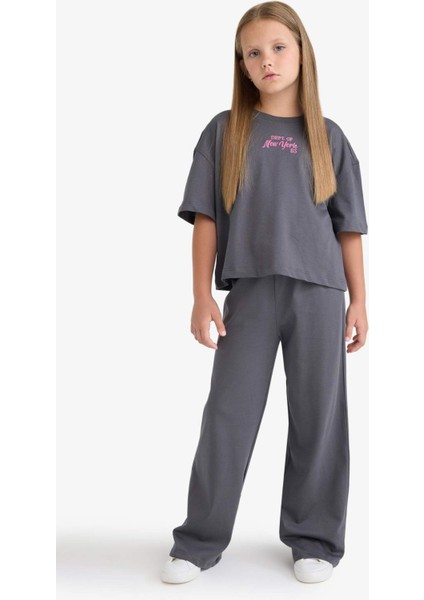 Kız Çocuk 2'li Takım Kısa Kollu Baskılı Tişört Beli Lastikli Uzun Alt F5035A825AU fiyatları