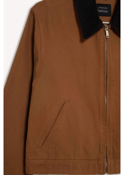 Regular Fit Kontrast Yakalı Fermuarlı Basic Düz Cepli Mevsimlik Pamuklu Ceket Mont fırsatları