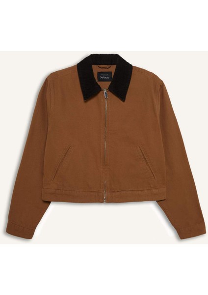 Regular Fit Kontrast Yakalı Fermuarlı Basic Düz Cepli Mevsimlik Pamuklu Ceket Mont