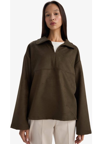 Oversize Geniş Kalıp Polo Yaka Süet Uzun Kollu Tişört G6218AX25WN modelleri