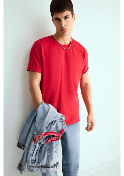 %100 Pamuk Boxy Fit Bisiklet Yaka Basic Düz Kısa Kollu Tişört D6070AX25SP