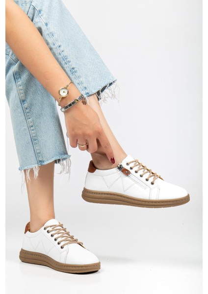 Beyaz Hakiki Deri Ortopedik Kadın Günlük Ayakkabı Fermuarlı Bağcıklı fiyatları