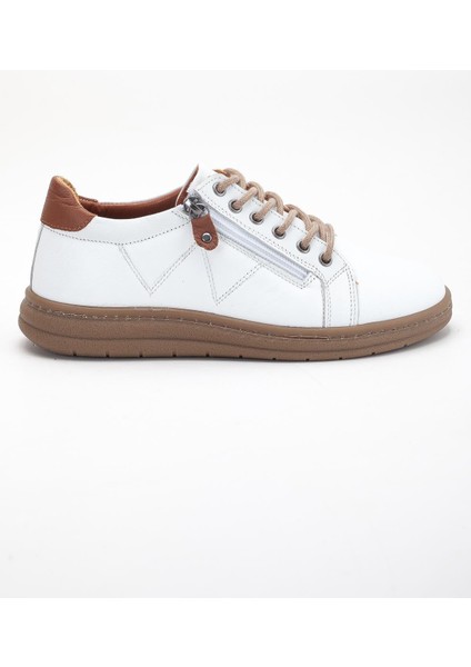 Beyaz Hakiki Deri Ortopedik Kadın Günlük Ayakkabı Fermuarlı Bağcıklı modelleri