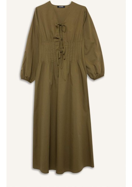 V Yaka Poplin Önden Bağlamalı Uzun KolluMaxi Elbise G0015AX25AU fırsatları