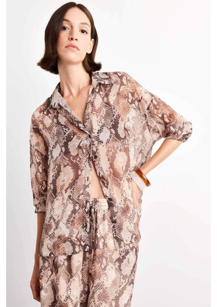 Comfort Fit V Yaka Desenli Şifon Uzun Kollu Gömlek G0507AX25SM modelleri