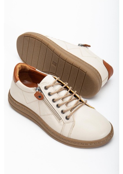 Bej Hakiki Deri Ortopedik Kadın Günlük Ayakkabı Fermuarlı Bağcıklı