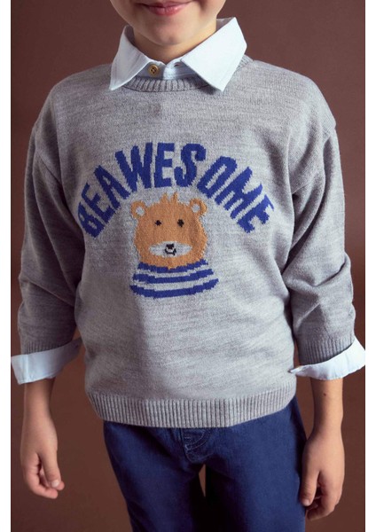 Erkek Bebek Bisiklet Yaka Ayı Baskılı Triko Kazak