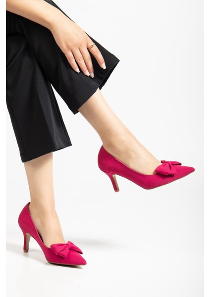 Büyük Beden Kadın Stiletto Ince Topuklu Ayakkabı Fuşya Saten Fiyonklu fiyatları