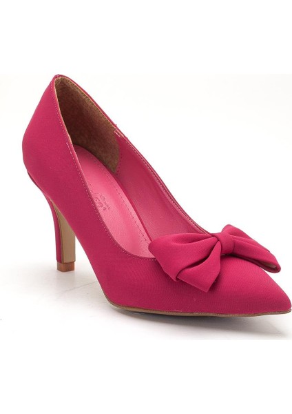 Büyük Beden Kadın Stiletto Ince Topuklu Ayakkabı Fuşya Saten Fiyonklu fırsatları