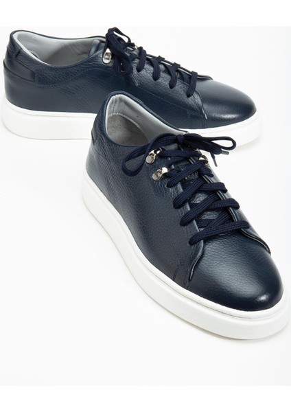 Hakiki Deri Erkek Casual Ayakkabı Lacivert Düz Taban Bağlı