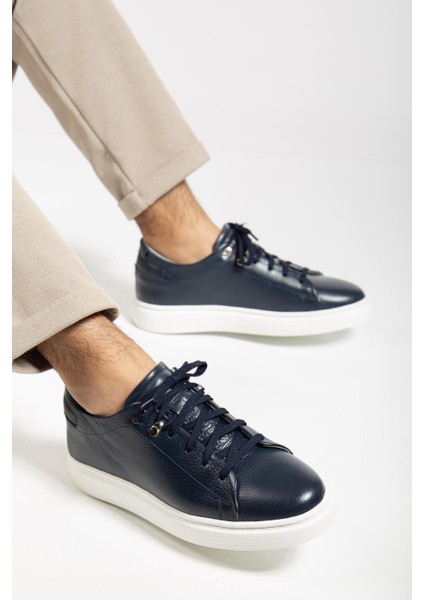 Hakiki Deri Erkek Casual Ayakkabı Lacivert Düz Taban Bağlı fiyatları