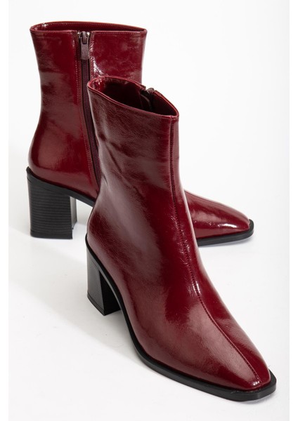Bordo Kadın Kalın Topuklu Bot Rugan Küt Burun Yüzüdüz