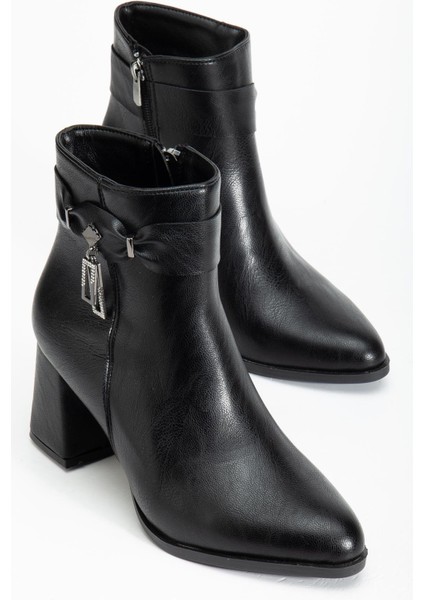 Siyah Kadın Kalın Topuklu Bot Küpe Taşlı Suni Deri