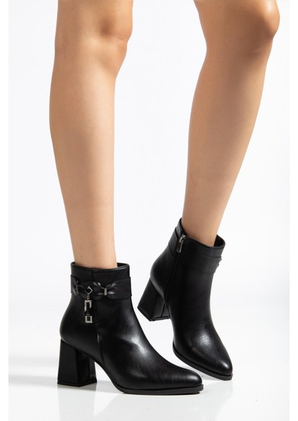 Siyah Kadın Kalın Topuklu Bot Küpe Taşlı Suni Deri fiyatları