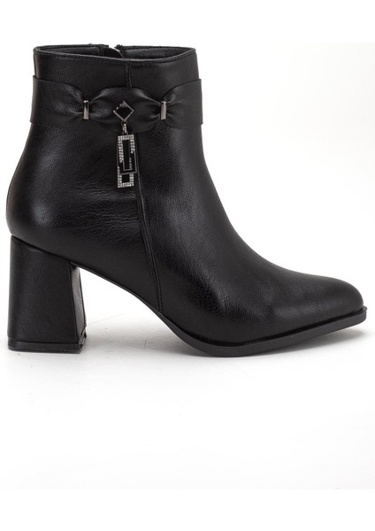 Siyah Kadın Kalın Topuklu Bot Küpe Taşlı Suni Deri modelleri