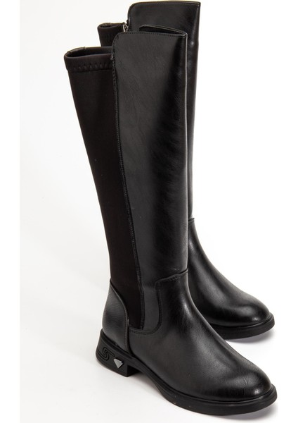 Siyah Kadın Çizme Düz Taban Streç Fermuarlı