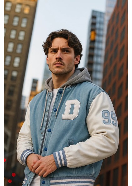 Erkek Salaş Kapşonlu Buz Mavi Denim Kolej Mont