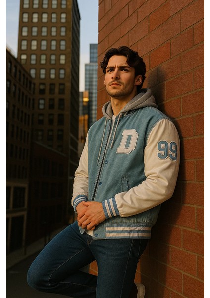 Erkek Salaş Kapşonlu Buz Mavi Denim Kolej Mont fiyatları