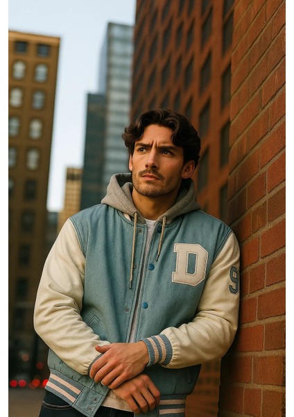 Erkek Salaş Kapşonlu Buz Mavi Denim Kolej Mont modelleri